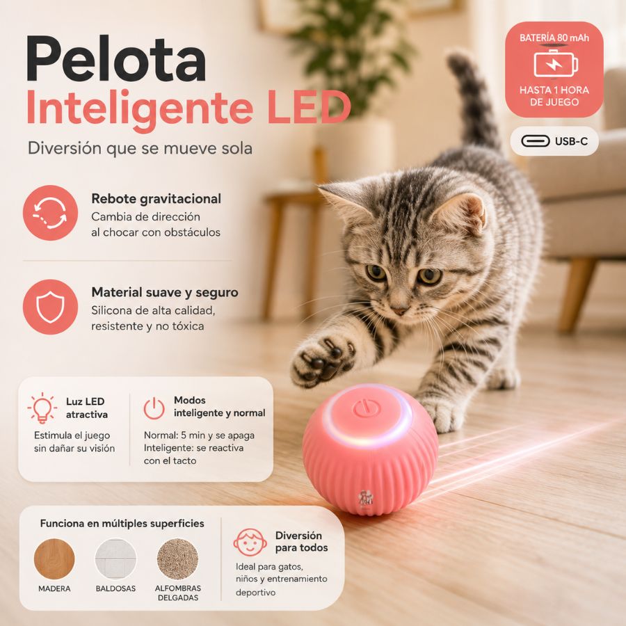 Pelota Rebotadora Gravitacional Rosada con luz LED, rebote inteligente y carga USB. Ideal para gatos.