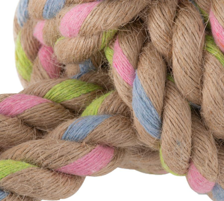 Pelota de Cuerda de Cáñamo para Perros Large, juguete interactivo que limpia los dientes de tu perro mientras lo mantiene entretenido. Fabricado con materiales sustentables como cáñamo y algodón reciclado.