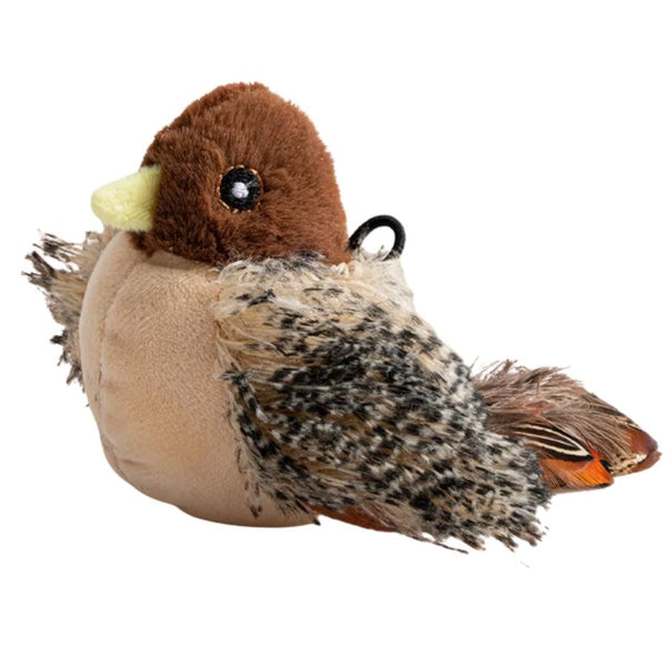 Peluche Gorrión con Sonido para gatos de Marben Pets, vista lateral con alas y cola de plumas