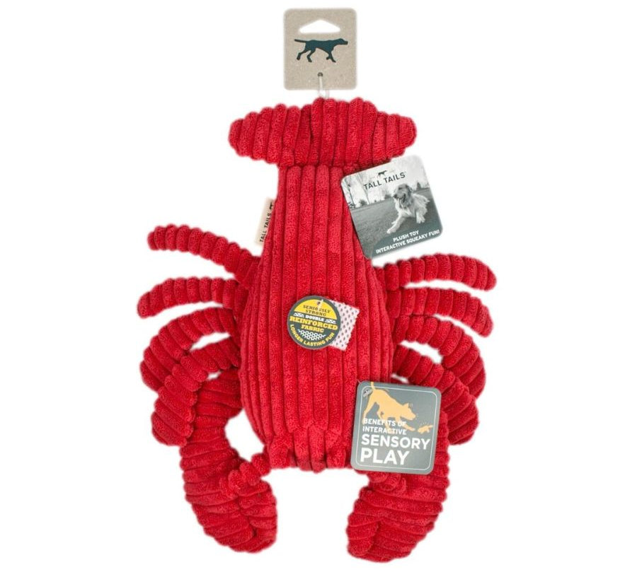 Peluche Langosta con Sonido 🦞, triple estimulación sensorial con squeaker, crunch y crinkle. Resistente, seguro y perfecto para juego interactivo.