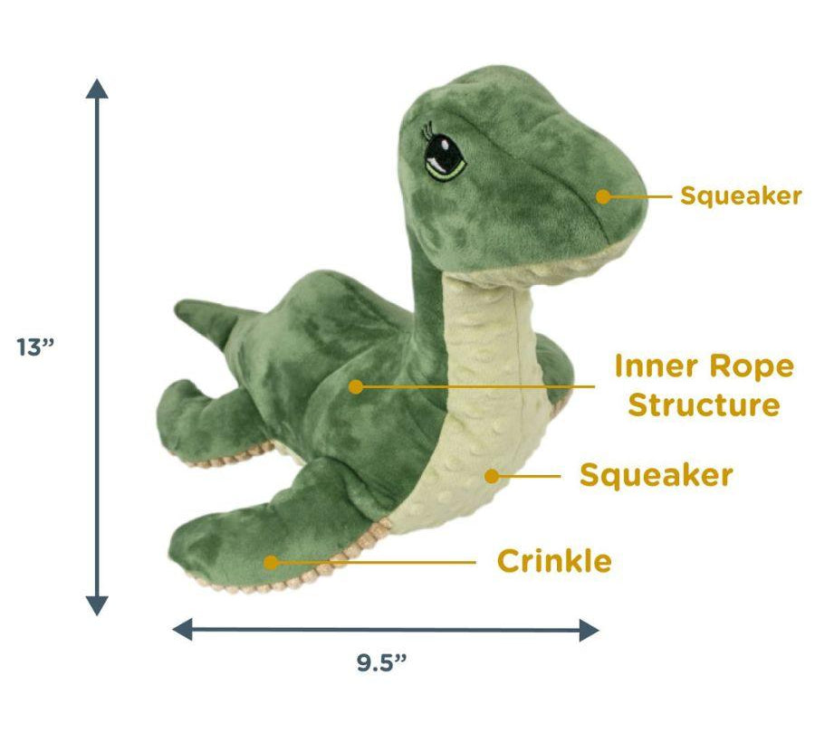 Peluche Nessie con Sonido 🐉, duradero y seguro, con crinkle y squeaker para mantener a tu perro entretenido y activo.