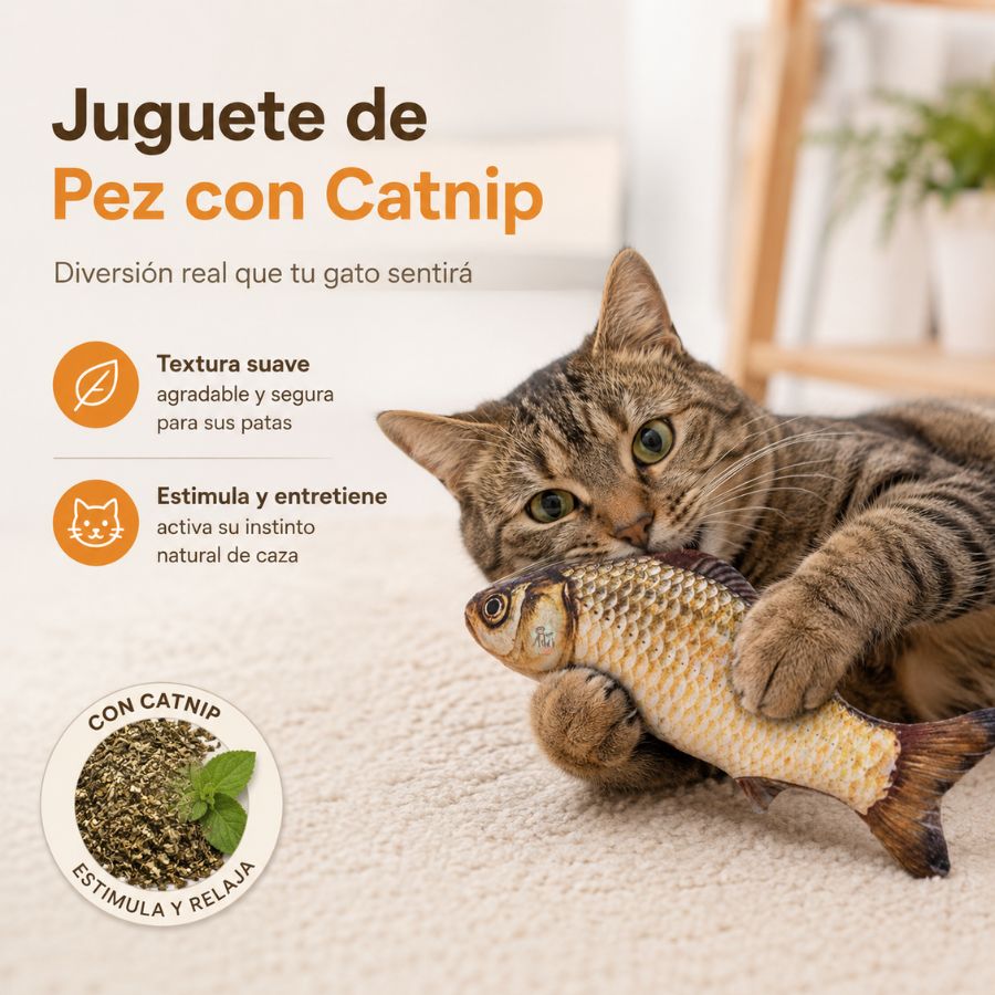 Peluche Pez Carpa con Catnip al Interior, juguete ideal para gatos. Estimula el instinto de caza, alivia el estrés y mantiene a tu gato entretenido. 