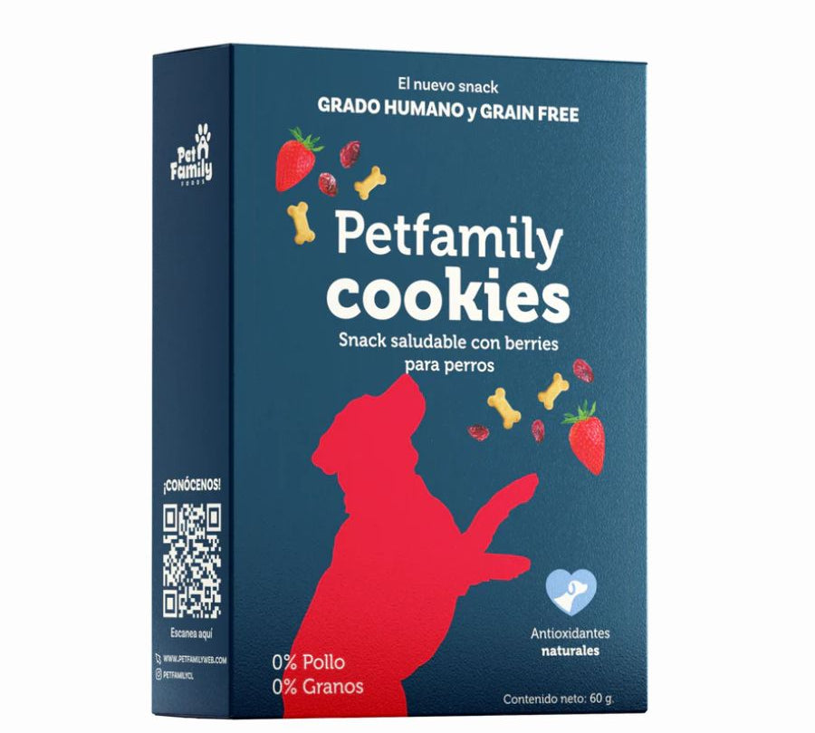 PetFamily Cookies Snack Saludable con Berries para Perros, galletas suaves, naturales y aptas para humanos, sin azúcar añadida ni colorantes.