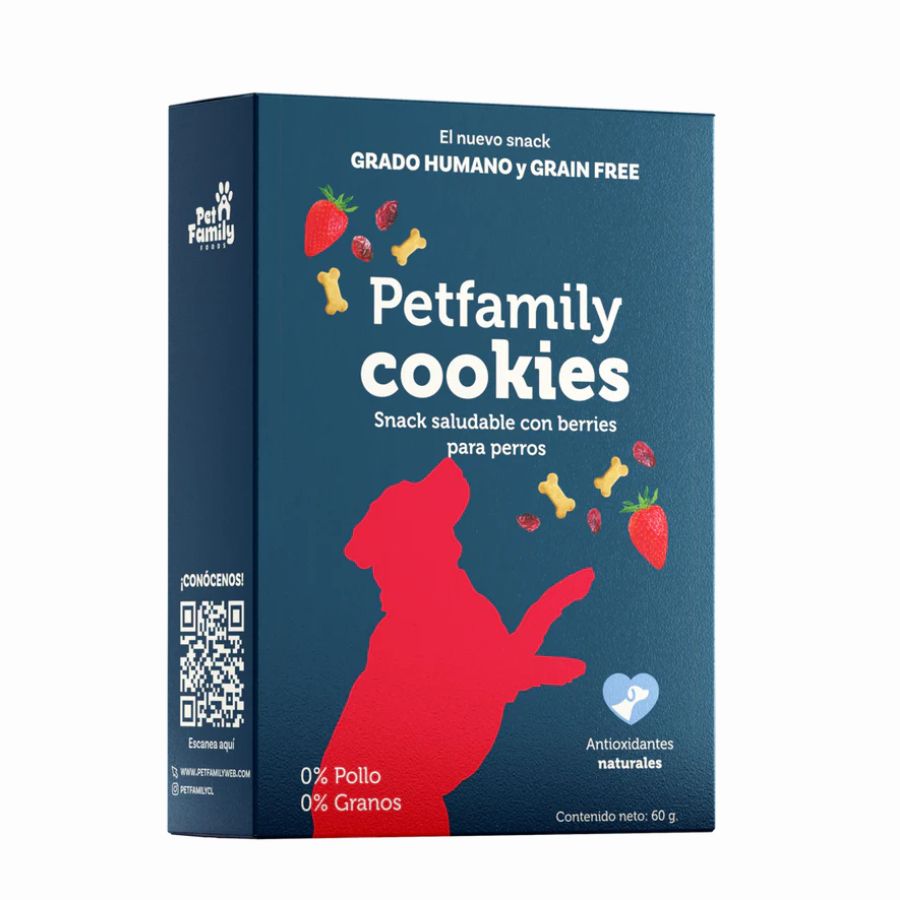 PetFamily Cookies Snack Saludable con Berries para Perros, galletas suaves, naturales y aptas para humanos, sin azúcar añadida ni colorantes.