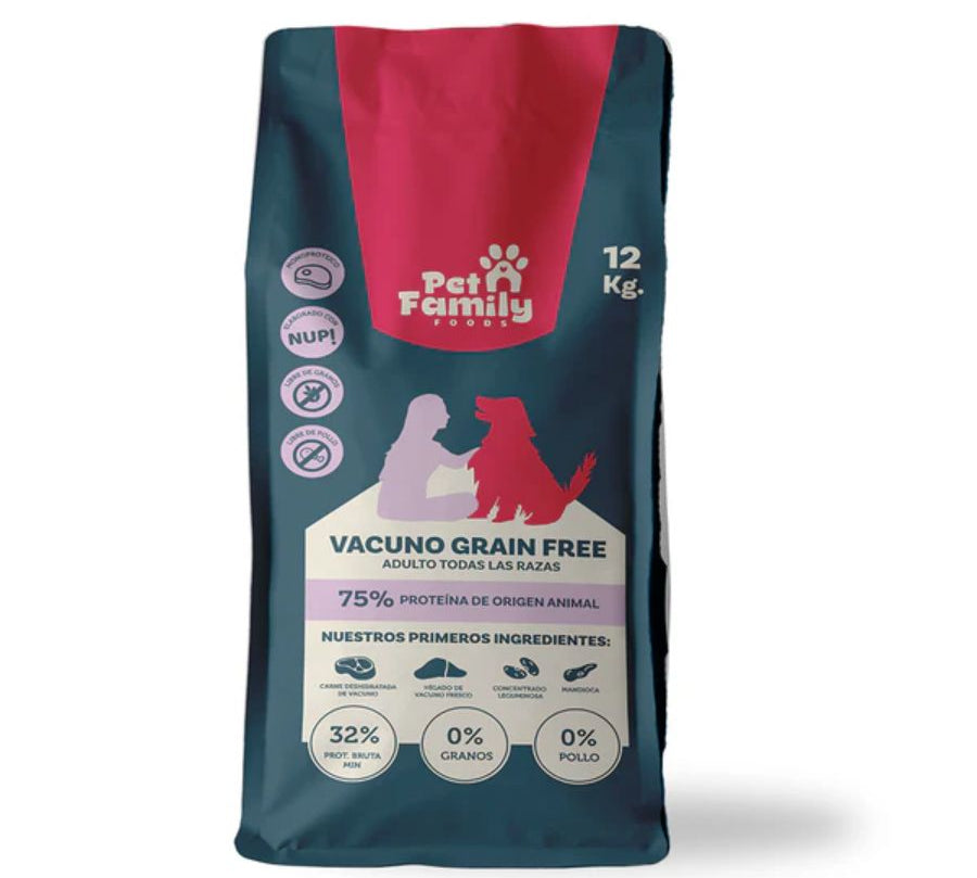 PetFamily Foods Grain Free 12kg, sin granos ni pollo, ideal para perros con alergias. Alta proteína de vacuno y probióticos para una digestión saludable.