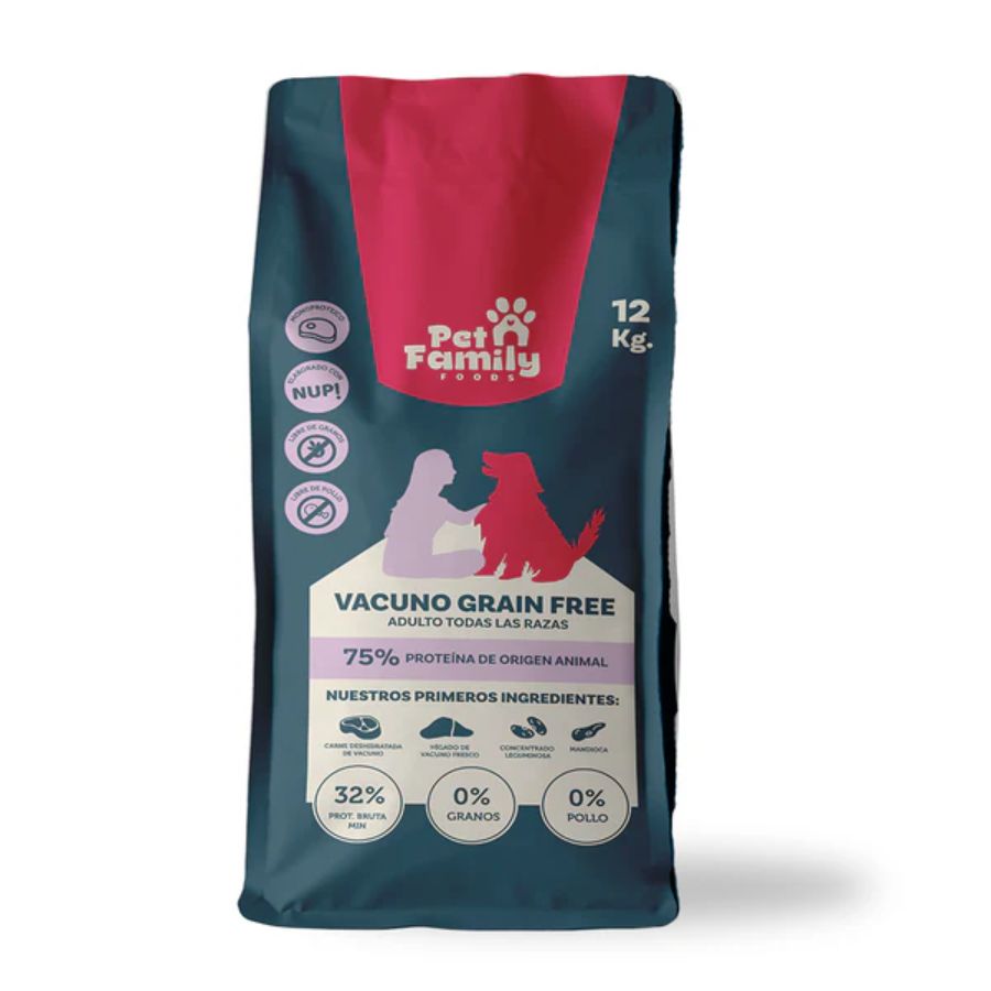 PetFamily Foods Grain Free 12kg, sin granos ni pollo, ideal para perros con alergias. Alta proteína de vacuno y probióticos para una digestión saludable.
