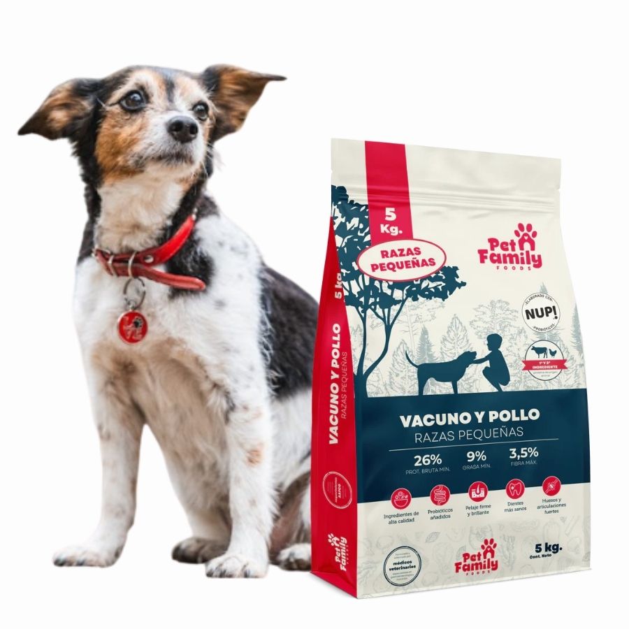 PetFamily Foods Raza Pequeña 5kg, un alimento completo y balanceado para perros adultos de razas pequeñas. Con proteína animal y probióticos para una nutrición excepcional.