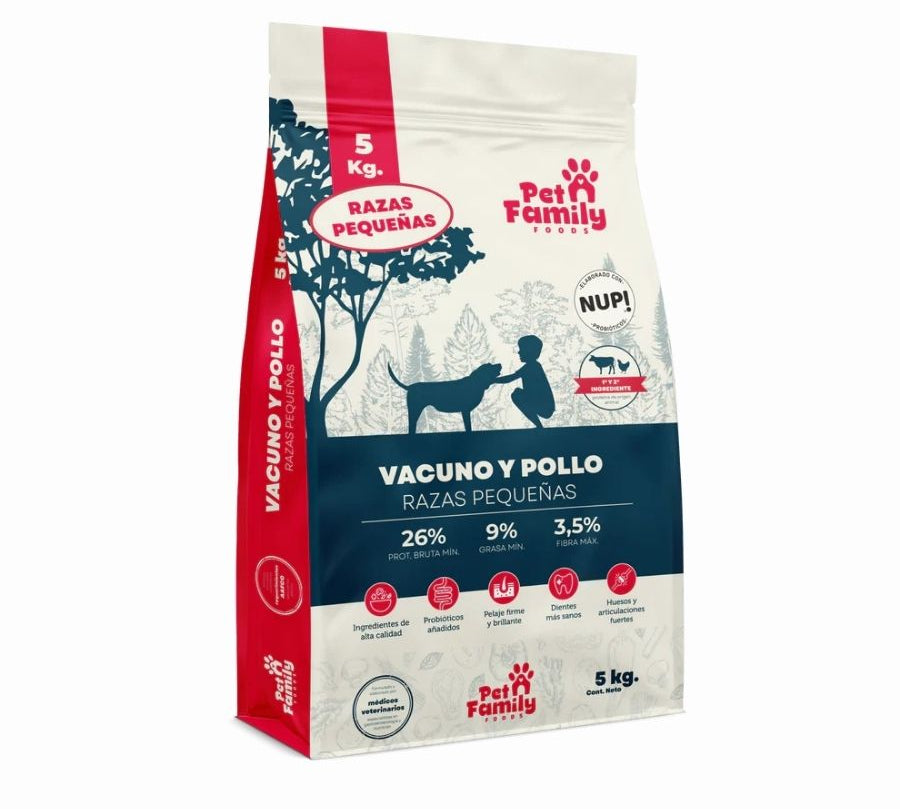 PetFamily Foods Raza Pequeña 5kg, un alimento completo y balanceado para perros adultos de razas pequeñas. Con proteína animal y probióticos para una nutrición excepcional.