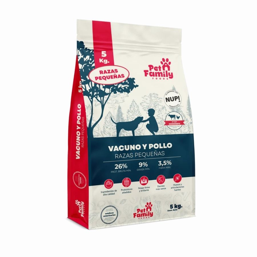 PetFamily Foods Raza Pequeña 5kg, un alimento completo y balanceado para perros adultos de razas pequeñas. Con proteína animal y probióticos para una nutrición excepcional.