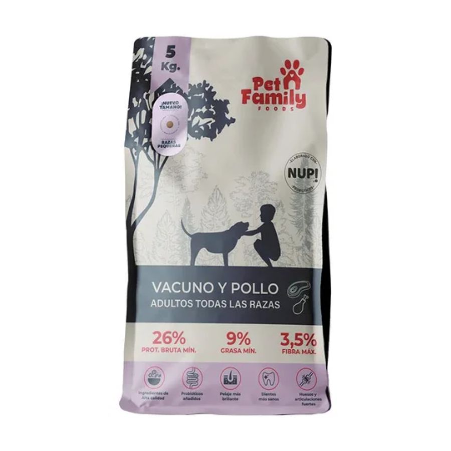 PetFamily Foods Raza Pequeña 5kg, un alimento completo y balanceado para perros adultos de razas pequeñas. Con proteína animal y probióticos para una nutrición excepcional.