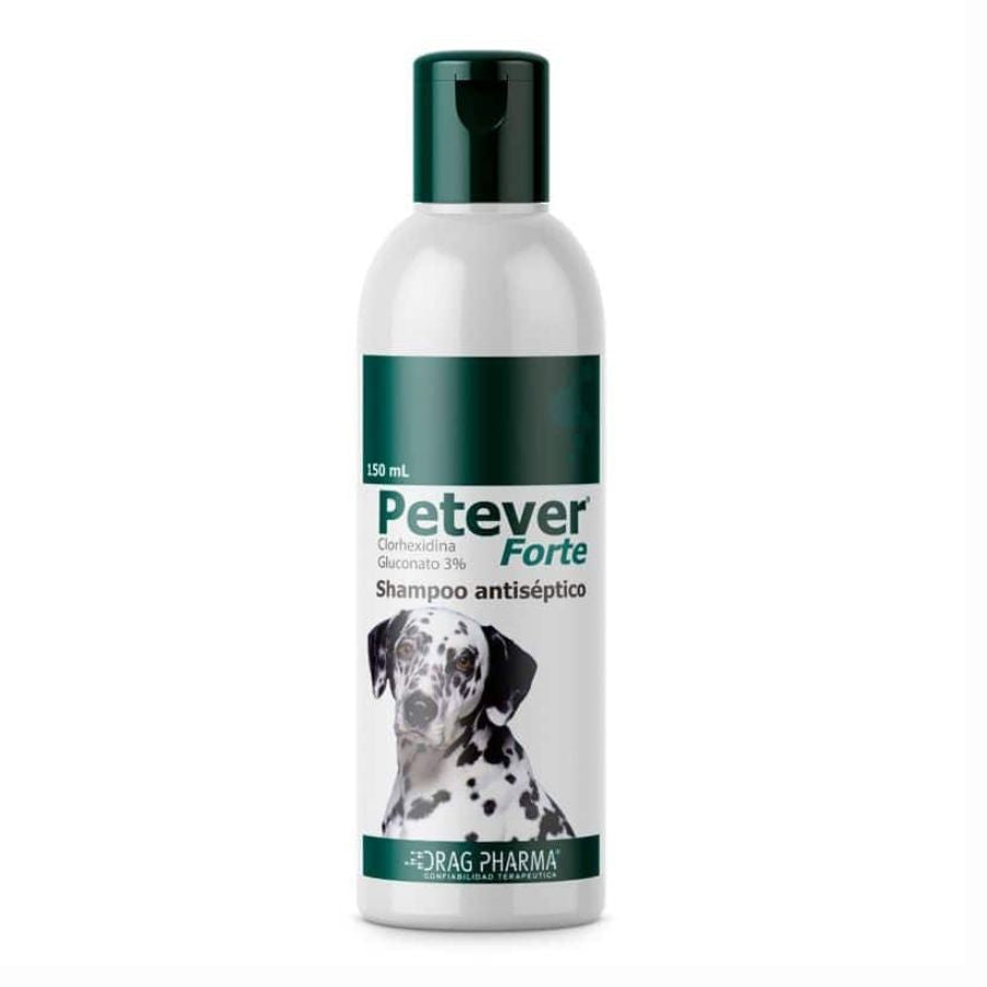 Petever Forte 150ml, shampoo antiséptico con clorhexidina para tratar infecciones bacterianas y fúngicas en la piel de perros.