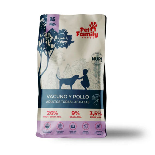 PetFamily 15kg, un alimento completo y balanceado para perros adultos de todas las razas. Con proteína animal y probióticos para una nutrición excepcional.