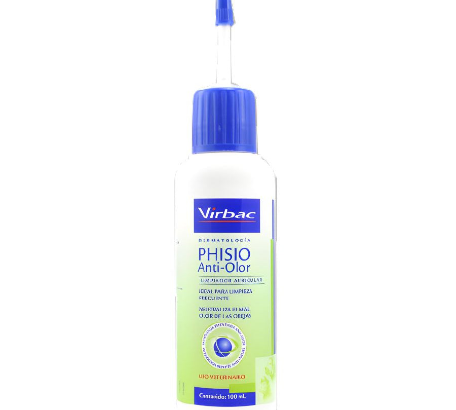 Phisio Anti Olor Limpiador Auricular Virbac 100ML limpia y neutraliza olores en oídos, con fórmula suave y uso frecuente para perros y gatos.