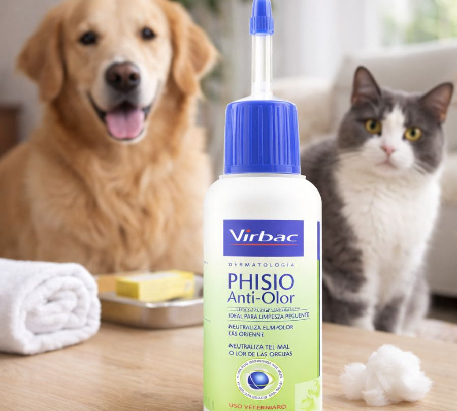 Phisio Anti Olor Limpiador Auricular Virbac 100ML limpia y neutraliza olores en oídos, con fórmula suave y uso frecuente para perros y gatos.