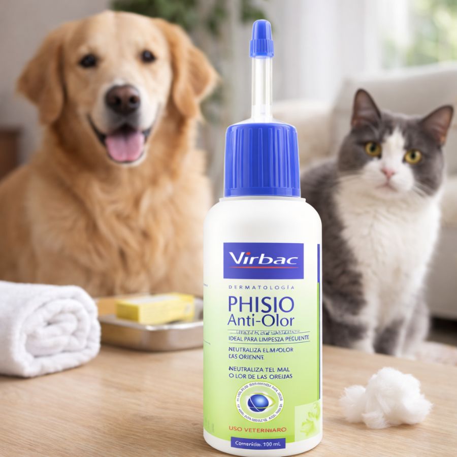 Phisio Anti Olor Limpiador Auricular Virbac 100ML limpia y neutraliza olores en oídos, con fórmula suave y uso frecuente para perros y gatos.