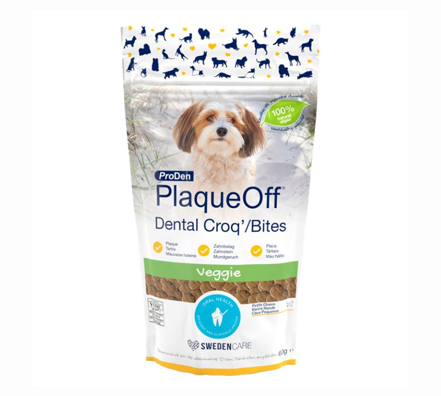 PlaqueOff Dental Bites Snack Perro 60gr, snack 100% natural que combate placa y sarro con alga activa. Delicioso y fácil de administrar.