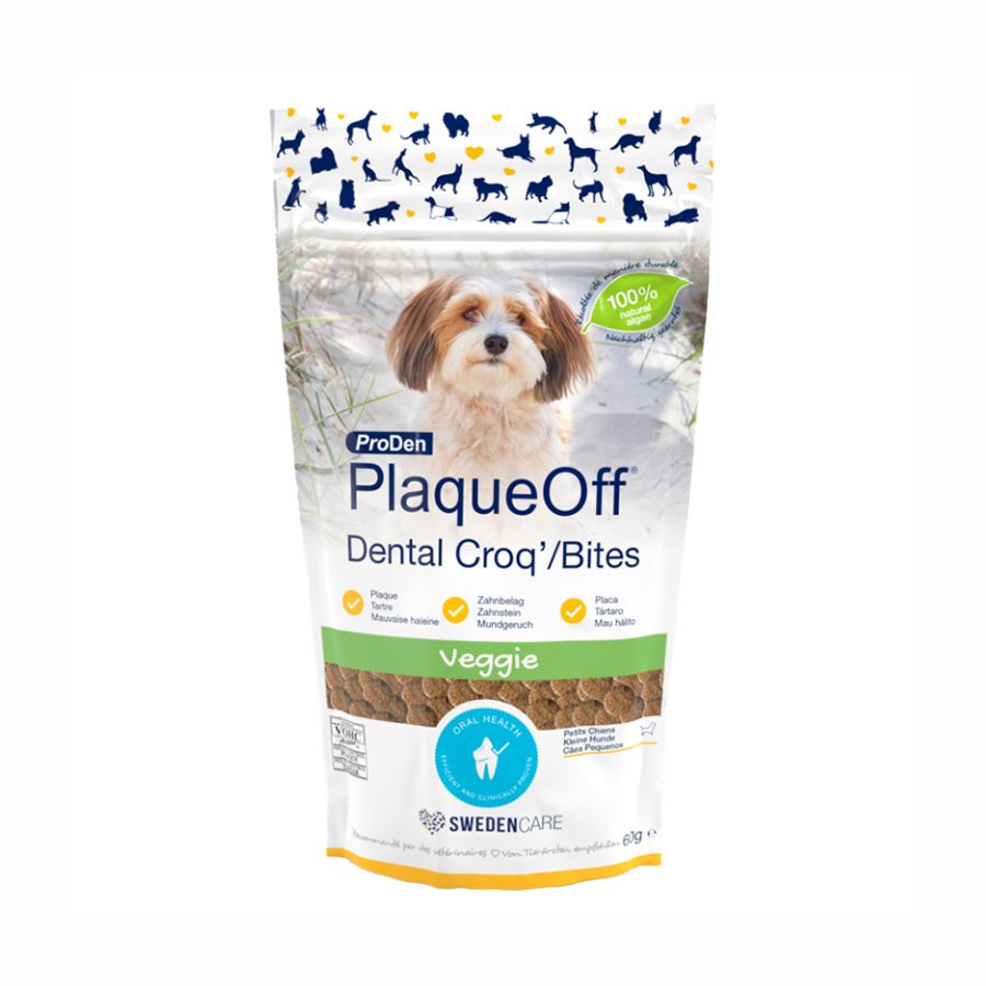 PlaqueOff Dental Bites Snack Perro 60gr, snack 100% natural que combate placa y sarro con alga activa. Delicioso y fácil de administrar.