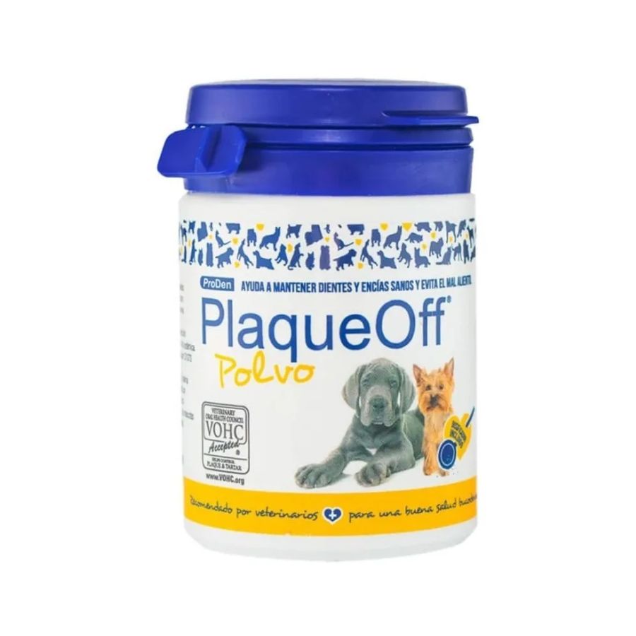 PlaqueOff Polvo Removedor de Sarro para Perros, elimina sarro y mal aliento con una fórmula 100% natural y clínicamente comprobada. Fácil de usar. B-Pets