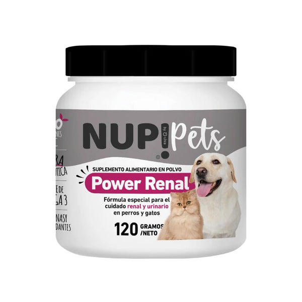 Power Renal Cuidado Renal y Urinario para Mascotas NUP! PETS 120g, con probióticos y vitaminas esenciales. Protege los riñones y previene cálculos urinarios.
