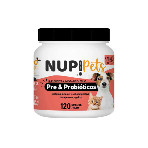 Pre y Probióticos para Mascotas NUP! PETS Sabor Salmón. Mejora la salud digestiva e inmune de tu mascota. Mantiene el pelo brillante y fortalece defensas.