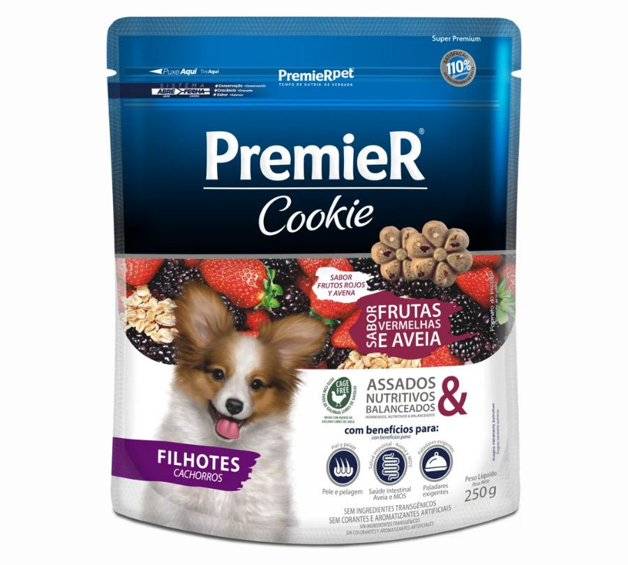 PremieR Cookies Cachorro Sabor Frutos Rojos y Avena, galletas funcionales para cachorros, con antioxidantes, fibras y nutrientes para su crecimiento.