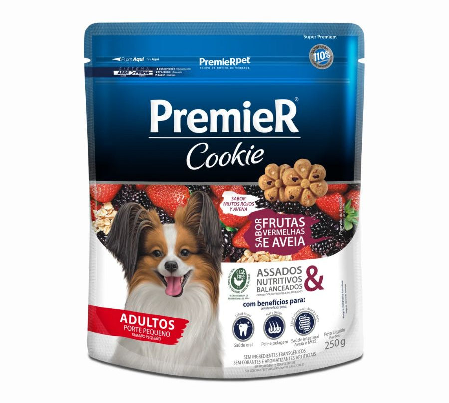 PremieR Cookies Perro Adulto Razas Pequeñas Sabor Frutos Rojos y Avena, snack horneado con ingredientes funcionales que cuidan dientes, digestión y pelaje.
