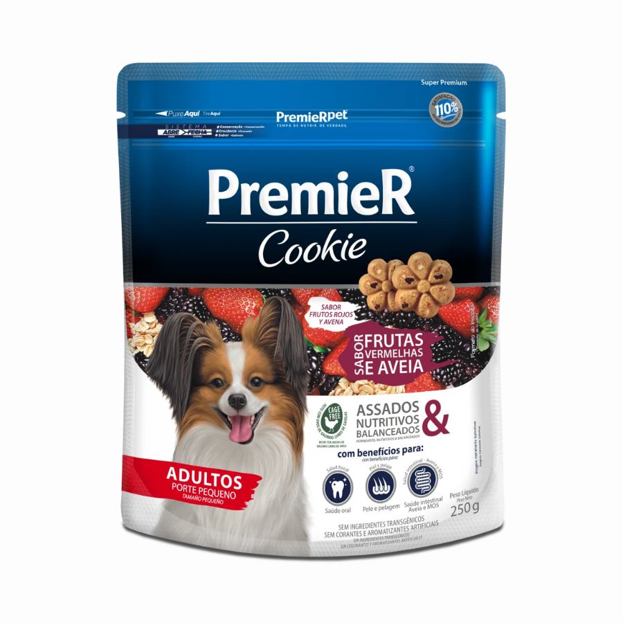 PremieR Cookies Perro Adulto Razas Pequeñas Sabor Frutos Rojos y Avena, snack horneado con ingredientes funcionales que cuidan dientes, digestión y pelaje.
