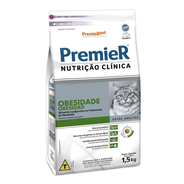 PremieR Nutrición Clínica para Gatos con Obesidad 1.5kg, alimento premium con alto contenido proteico, bajo en grasas y pH urinario controlado. Ideal para gatos con sobrepeso.