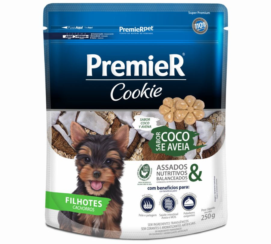 PremieR Cookies Cachorro Sabor Coco y Avena, snack horneado con ingredientes funcionales como avena, coco y huevo Cage Free. Ideal para cachorros pequeños.