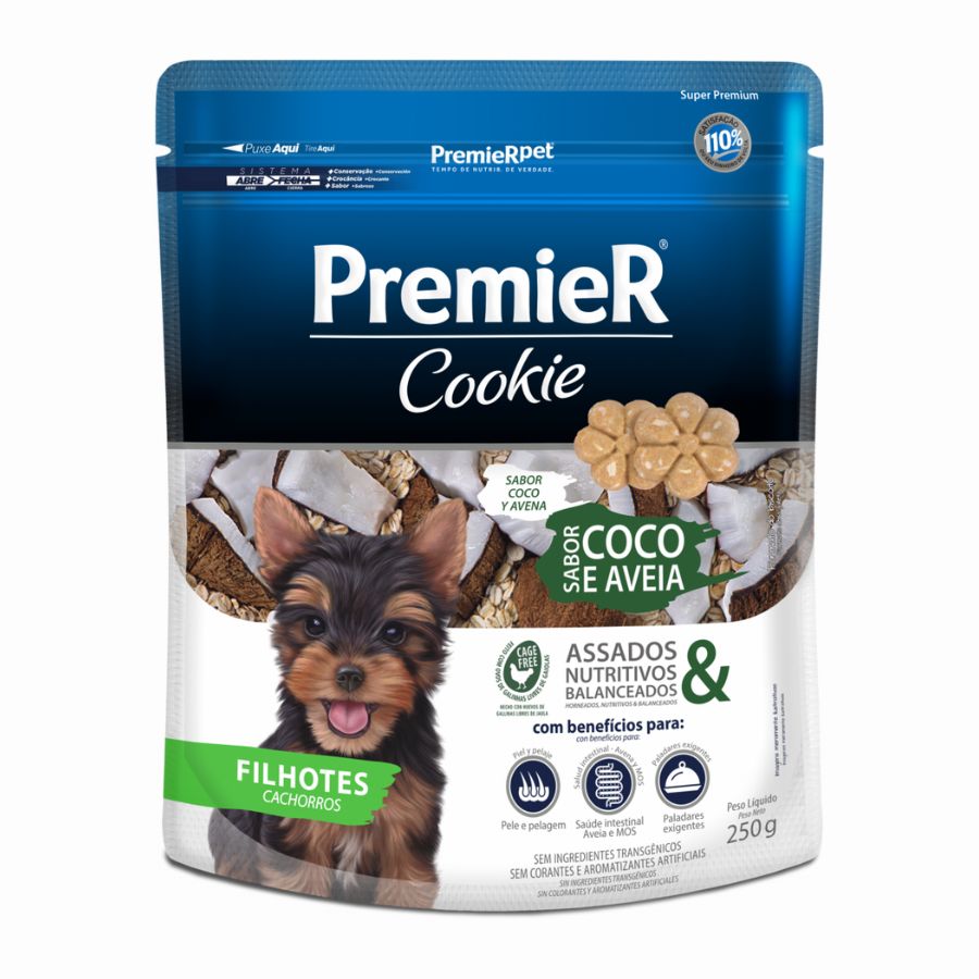 PremieR Cookies Cachorro Sabor Coco y Avena, snack horneado con ingredientes funcionales como avena, coco y huevo Cage Free. Ideal para cachorros pequeños.