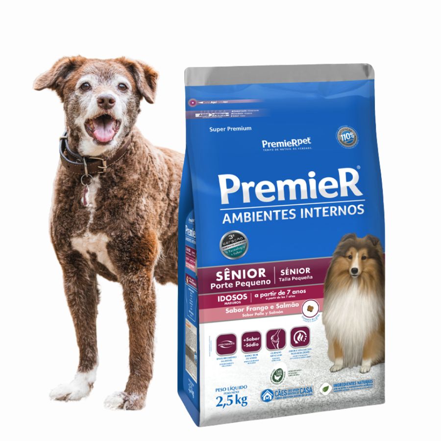 Premier Ambientes Internos Perro Senior Pollo y Salmón 2.5kg nutrición súper premium para razas pequeñas, salud articular y control de peso.