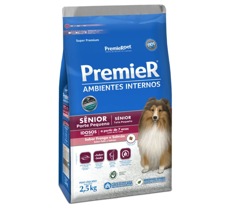 Premier Ambientes Internos Perro Senior Pollo y Salmón 2.5kg nutrición súper premium para razas pequeñas, salud articular y control de peso.