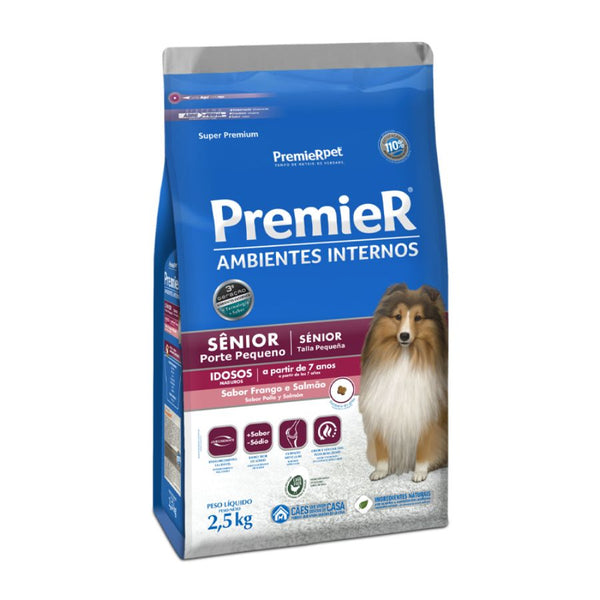 Premier Ambientes Internos Perro Senior Pollo y Salmón 2.5kg nutrición súper premium para razas pequeñas, salud articular y control de peso.