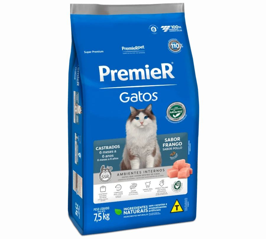 PremieR Gatos Castrados Sabor Pollo, alimento Super Premium que controla el peso, cuida el tracto urinario y reduce el olor de las heces.