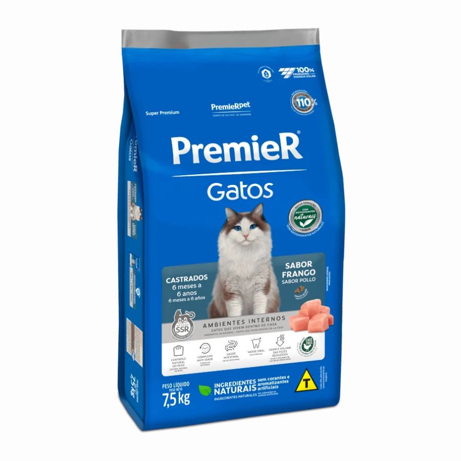 PremieR Gatos Castrados Sabor Pollo, alimento Super Premium que controla el peso, cuida el tracto urinario y reduce el olor de las heces.