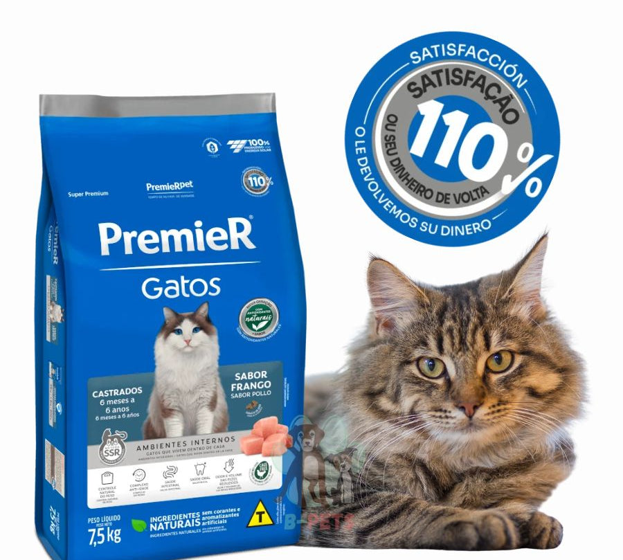 PremieR Gatos Castrados Sabor Pollo, alimento Super Premium que controla el peso, cuida el tracto urinario y reduce el olor de las heces.