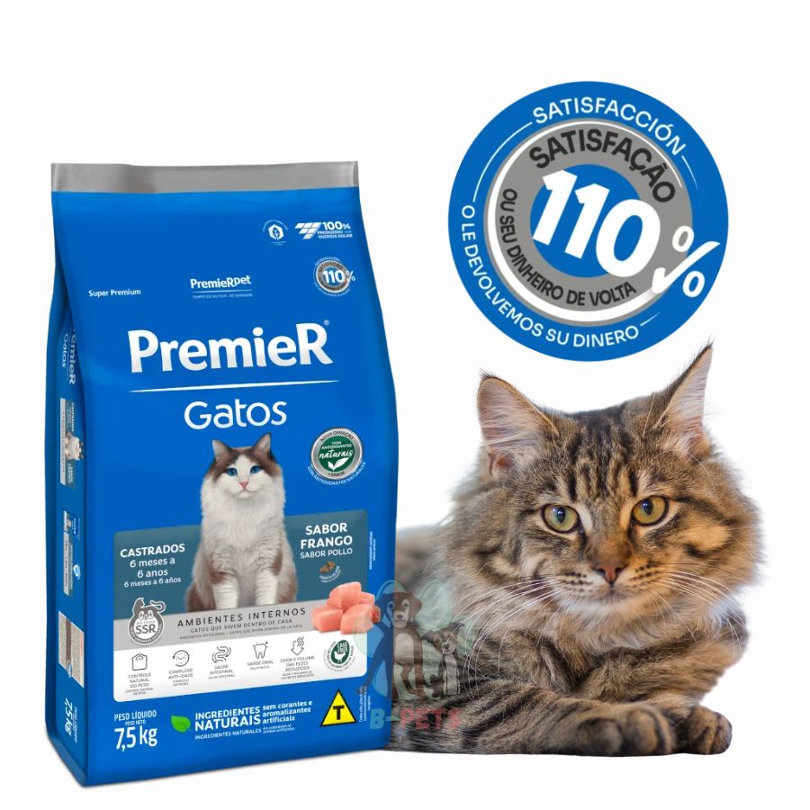 PremieR Gatos Castrados Sabor Pollo, alimento Super Premium que controla el peso, cuida el tracto urinario y reduce el olor de las heces.