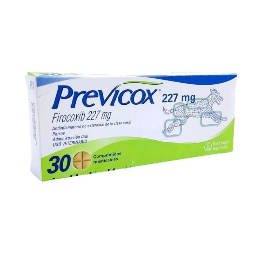 Previcox 227mg 30 comp  alivia el dolor e inflamación en perros con osteoartritis o tras cirugía. Eficaz, palatable y de acción selectiva sobre la COX-2.