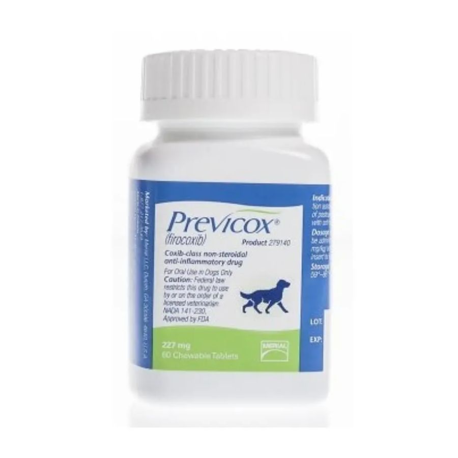 Previcox 227mg 60 comp alivia el dolor e inflamación en perros con osteoartritis o tras cirugía. Eficaz, palatable y de acción selectiva sobre la COX-2.