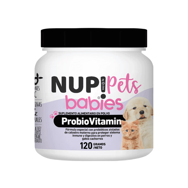 Probiovitamin para Cachorros NUP! Pets. Suplemento en polvo para perros y gatos cachorros, fortalece sistema digestivo e inmune, controla diarreas y mejora el desarrollo.