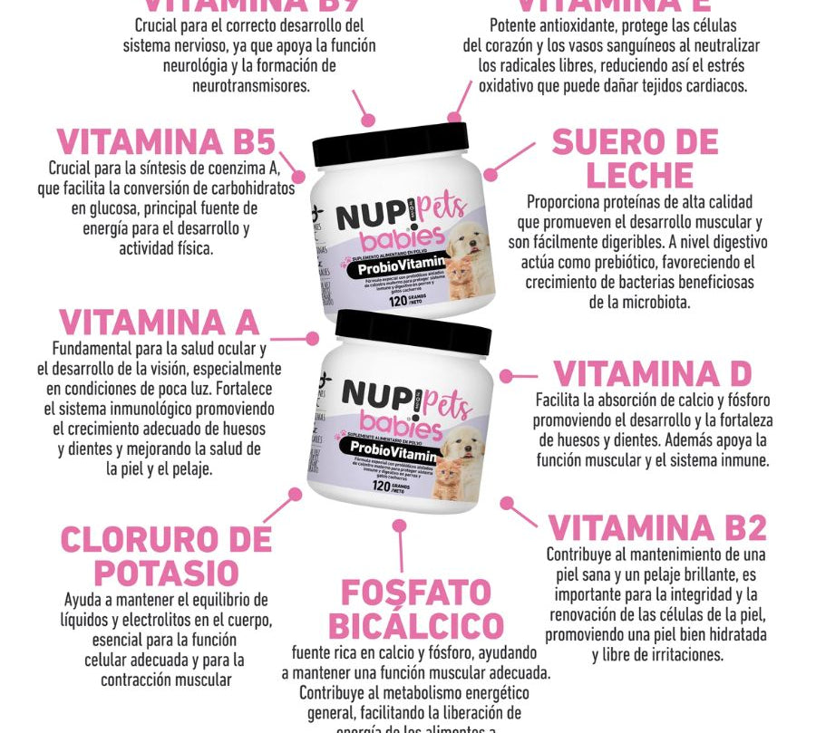 Probiovitamin para Cachorros NUP! Pets. Suplemento en polvo para perros y gatos cachorros, fortalece sistema digestivo e inmune, controla diarreas y mejora el desarrollo.