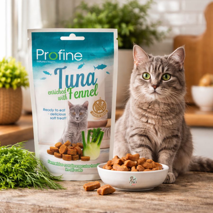 Profine Snack para Gatos sabor Atún e Hinojo 50 grs mini bocaditos semihúmedos, libres de granos y con omega 3 y 6. Premio saludable y delicioso
