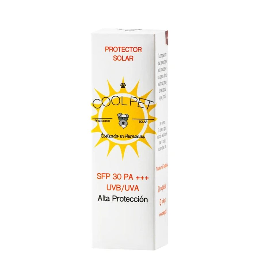 Protector Solar CoolPet SFP 30 🌞, alta protección UVB/UVA para pieles sensibles. Ideal para perros, gatos y animales exóticos. 🐾