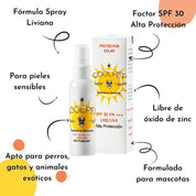 Protector Solar CoolPet SFP 30 🌞, alta protección UVB/UVA para pieles sensibles. Ideal para perros, gatos y animales exóticos. 🐾
