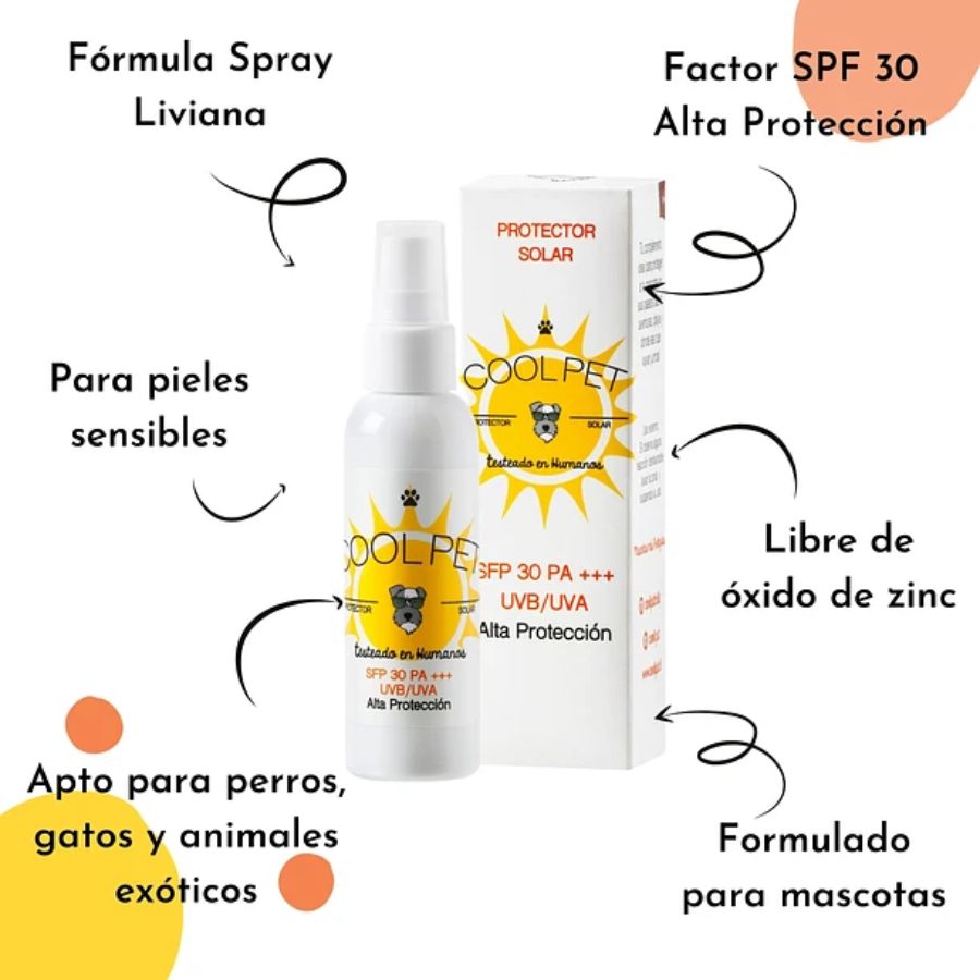 Protector Solar CoolPet SFP 30 🌞, alta protección UVB/UVA para pieles sensibles. Ideal para perros, gatos y animales exóticos. 🐾