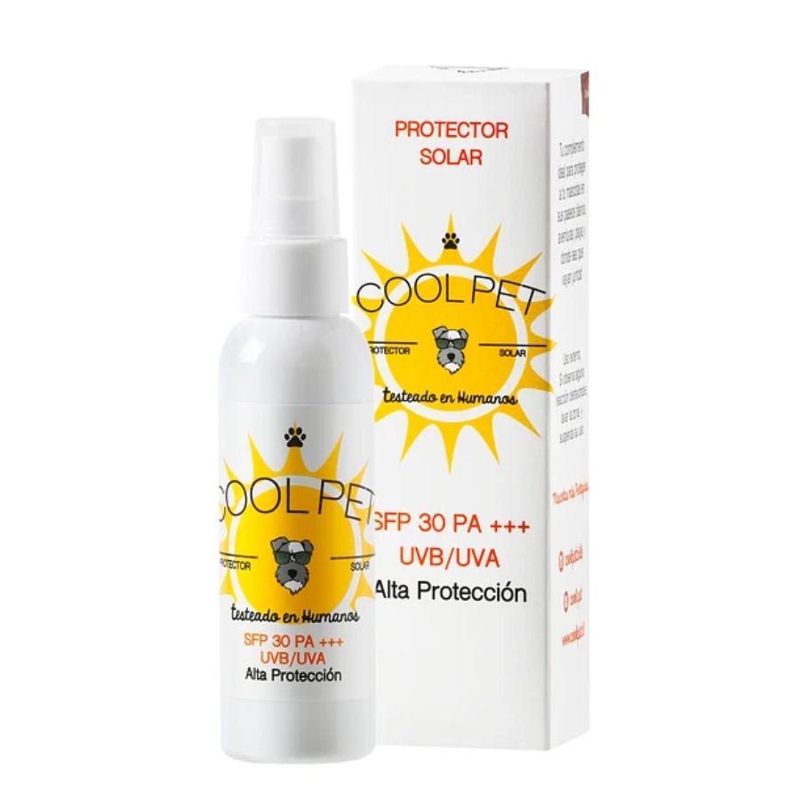 Protector Solar CoolPet SFP 30 🌞, alta protección UVB/UVA para pieles sensibles. Ideal para perros, gatos y animales exóticos. 🐾