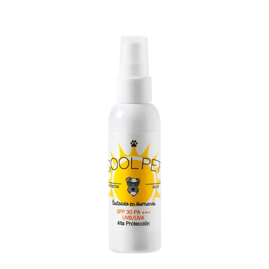 Protector Solar CoolPet SFP 30 🌞, alta protección UVB/UVA para pieles sensibles. Ideal para perros, gatos y animales exóticos. 🐾