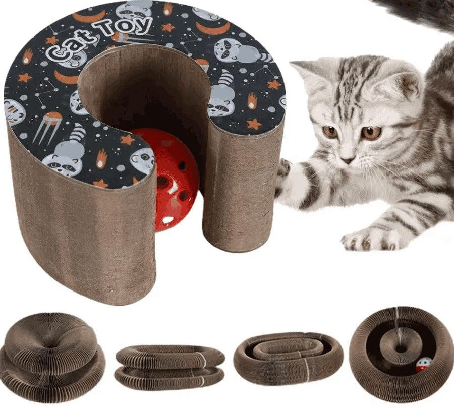 Rascador Interactivo de Oruga Mágica para Gatos, juego tipo acordeón con catnip y sonaja, ideal para el entretenimiento y cuidado de sus garras.
