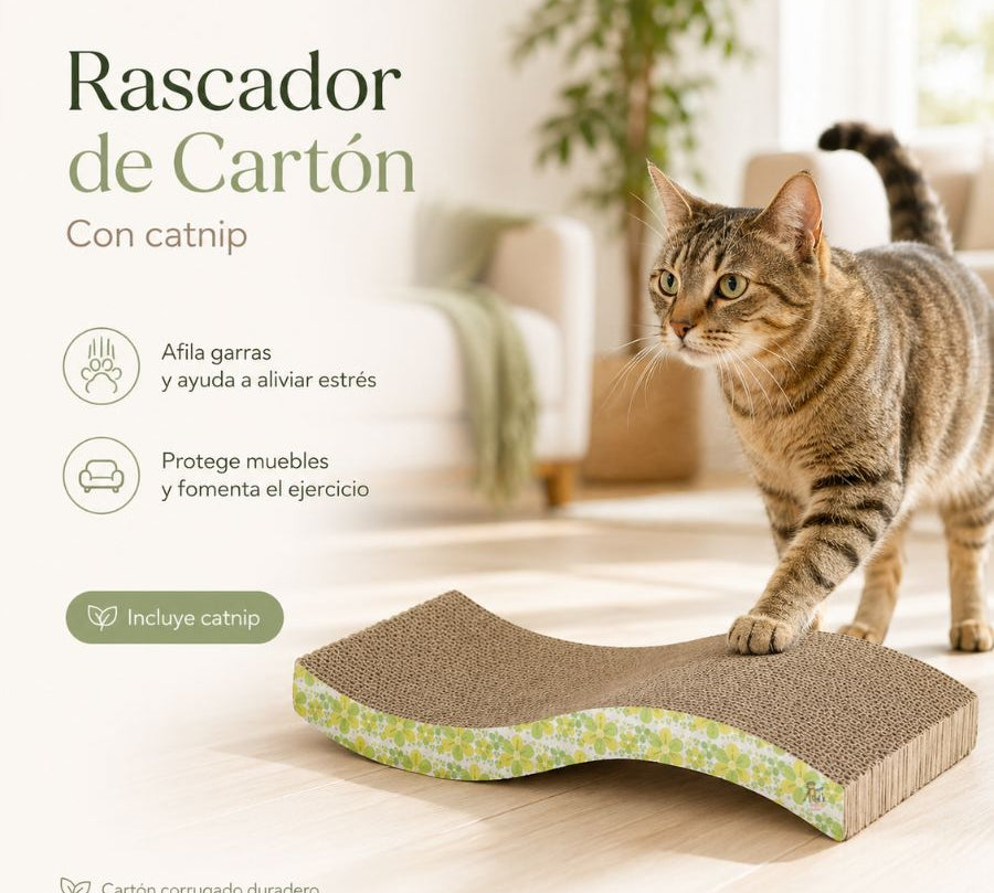 Rascador de Cartón Corrugado con Hierba Gatera (Catnip). Afilado de garras, alivio del estrés y protección de muebles.