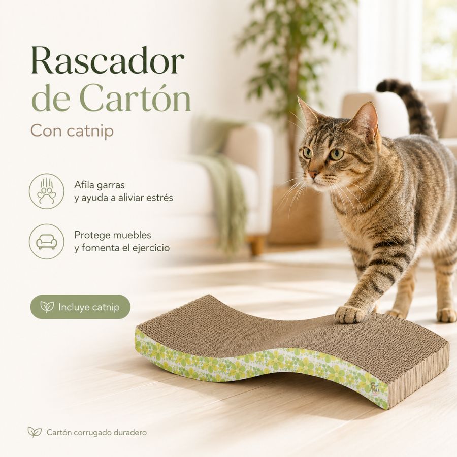 Rascador de Cartón Corrugado con Hierba Gatera (Catnip). Afilado de garras, alivio del estrés y protección de muebles.